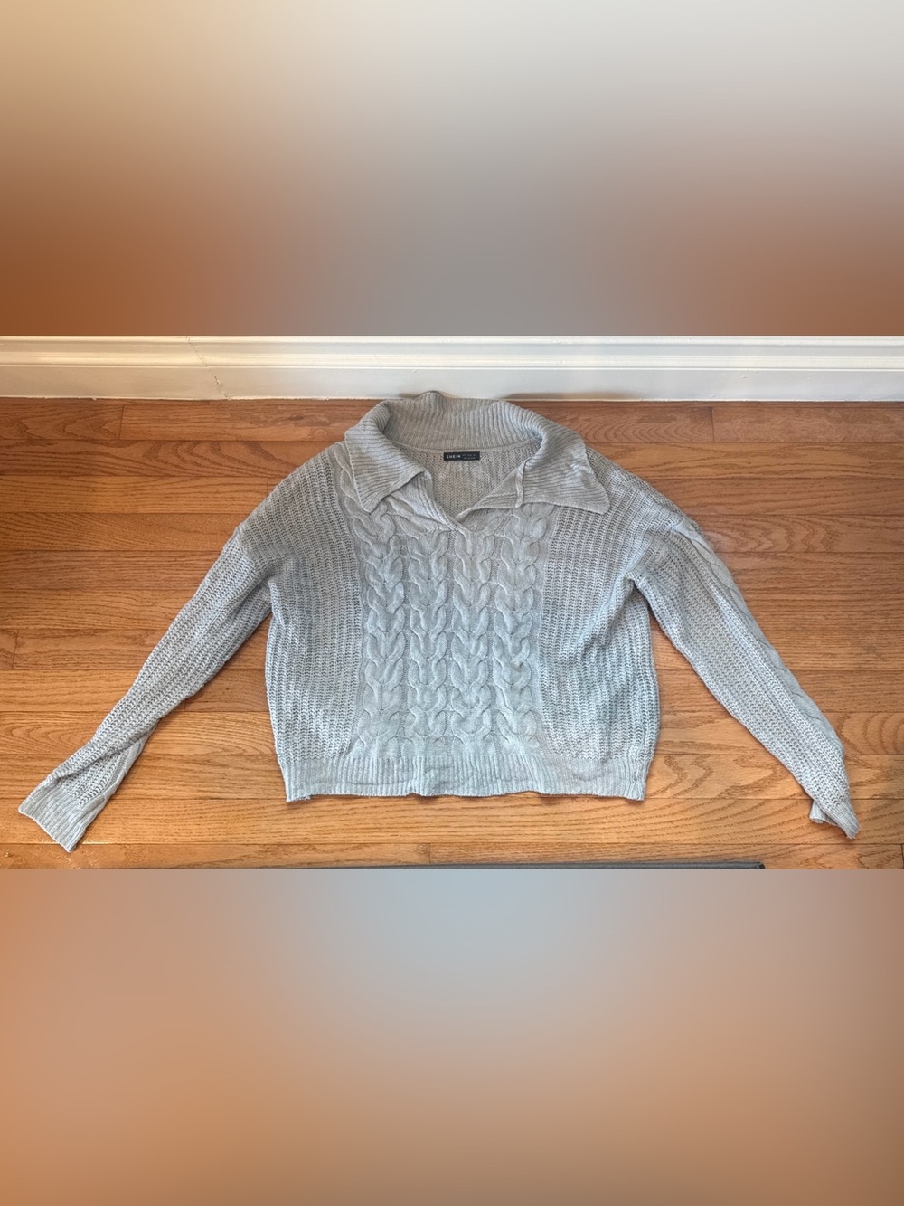 Cable-Knit Collared Sweater - Light Gray Sweater SHEIN vneck collared pullover